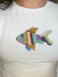 Luxury White Cotton Ribbed Crop <b>Top</b> Tank <b>Top</b> With Beaded Embroidery Red Lobster Sea Life Patch For Women Casual Summer Fashion - Product Image 3