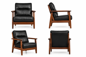 Mid Century Modern Genuine Leather Lounge Chair Solid Wood Accent Armchair Living Room Hotel Office Bedroom Modern Luxury Design - Product Image 3
