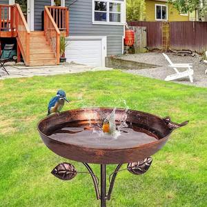 Bain d'oiseaux moderne en cuivre antique avec piédestal, mangeoire décorative pour jardin extérieur avec feuille décorative et piquet de fixation au sol - Product Image 3