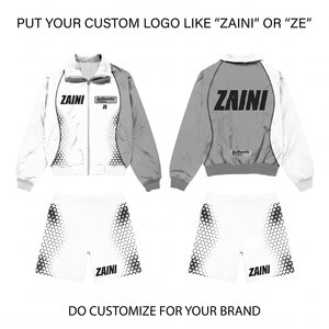 Ensemble court coupe-vent à capuche pour homme ZAINI Premium, blanc et gris, avec empiècements color block, sérigraphie personnalisée et broderie - Product Image 1
