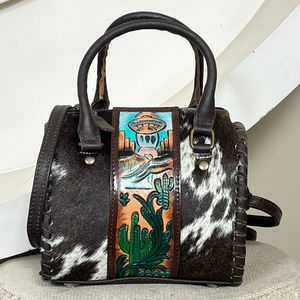 Western Style Customized Hand Tooled Genuine Cowhide Leather Small Speedy Bags Designer Pattern Crossbody Handbags for Unisex - Product Image 4