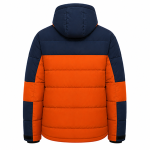 Chaqueta Acolchada Gruesa con Capucha para Hombre, Diseño Color Block, Cortavientos, Deportiva, Invierno, Corte Regular, Naranja y Azul Marino, Cierre de Cremallera, Bordado - Product Image 3