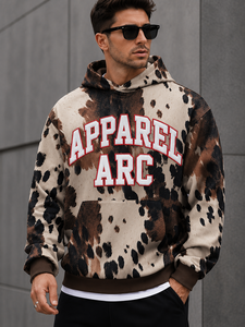 Custom Men <b>Cow</b> <b>Print</b> <b>Hoodies</b> Heavyweight Fleece Oversized Streetwear Graphic Applique Pullover OEM Brown Animal Pattern Top - Product Image 1