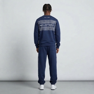 Ensemble de survêtement décontracté pour homme, sweat-shirt à col rond bleu marine à motifs géométriques et pantalon de jogging assorti, deux pièces - Product Image 2