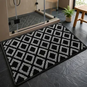 Elegante Tapete de Entrada con Diseño de Rejilla de Diamantes, Combinación Sofisticada en Gris y Plateado, Lavable, de Microfibra Tejida, para Hogar u Oficina Moderna - Product Image 3