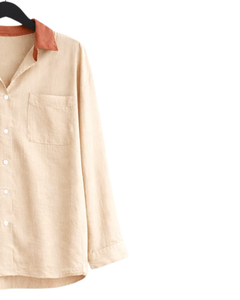 Conjunto de pijama de lino y algodón para mujer, color beige y rojo óxido, camisa con botones y bolsillo en el pecho y pantalones con cordón, ropa de dormir informal - Product Image 4