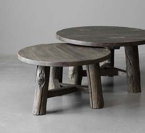 Table basse rustique en bois massif de la collection Sempre, base trépied, style vintage, table centrale de style farmhouse, meubles de salon - Product Image 1