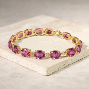 Pulsera de tenis de plata de ley chapada en oro con zafiro rosa cultivado en laboratorio de corte ovalado, elegante y lujosa, regalo de joyería para aniversario - Product Image 1