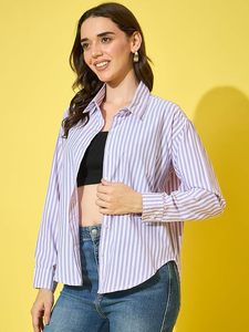 Women's Striped Button Down Shirt Long Sleeve Loose Fit Cotton Poplin Casual Blouse Everyday Wear - Product Image 3