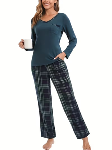 Women's Long-Sleeve V-Neck Animal Print Pajama Set Soft 100% Cotton Breathable Luxury Spring Pajamas Drawstring Closure 2-Piece - Product Image 3