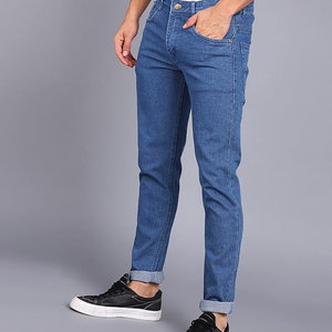 New Stylish Men's Slim Fit Lightweight High <b>Waist</b> Breathable <b>Elastic</b> <b>Waist</b> Casual Straight Denim <b>Jeans</b> 100% Cotton - Product Image 2