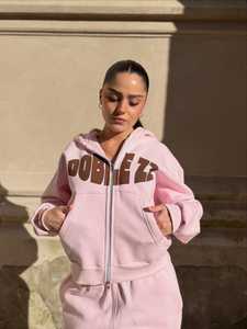 Custom Women's Hooded <b>Velour</b> <b>Tracksuit</b> Winter Printed Front Logo Heavyweight Fleece Lined Casual Streetwear with Kangaroo Pocket - Product Image 1