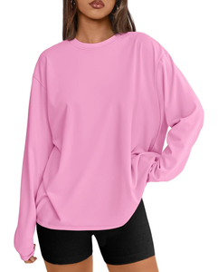 Camiseta de Moda para Mujer, Holgada, de Manga Larga, Estilo Urbano, Cuello Redondo, Lisa, con Logotipo Personalizado, Marca Privada - Product Image 1