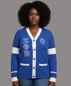 Pull cardigan en acrylique d'hiver Zeta Phi Beta pour femme, bleu, tricoté, style universitaire, broderie chenille, sur mesure OEM XLISE - Product Image 1