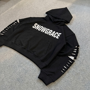 เสื้อฮู้ดดี้สีดำทรงครอป Snowgrace แขนตัดต่อแบบโอเวอร์ไซส์ สไตล์สตรีทแวร์ ใส่ได้ทั้งชายและหญิง เหมาะสำหรับฤดูหนาว - Product Image 3