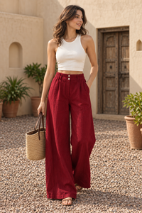 Trending B2B Wholesale Apparel-Loose Casual Summer <b>White</b> Tank Top and Maroon Wide Leg Pants Two Piece Set Bulk Supplier - Product Image 5