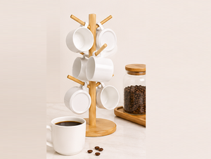 Eco-Friendly Natural Bamboo Mug <b>Tree</b> Rack <b>Stand</b> With 6 Hooks Stable Wooden Coffee Cup Holder & Organizer For Kitchen Countertop - Product Image 2