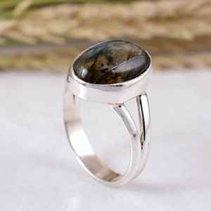 Handmade 925 Sterling <b>Silver</b> Blue Fire Labradorite <b>Ring</b>, Matte Finish Oval Gemstone <b>Statement</b> Band, Artisan Handcrafted <b>Ring</b> - Product Image 4