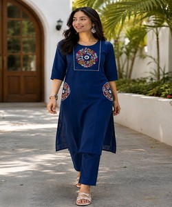 <b>Women</b> Blue Cotton Embroidered <b>Kurta</b> Pant Set Traditional Loose Fit Ankle Length Casual Wear India Pakistan Style 86221 AARVI - Product Image 1