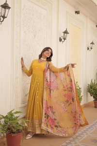 High Quality Fatema Fashion Women Wedding Party Wear Unique Design Indian Faux Georgette Gown Dupatta <b>Set</b> Embroidered Zari - Product Image 4
