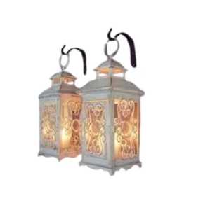 Dark Metal Lantern Rectangular Glass Panel Candle Holder with Dome <b>Top</b> Ring Handle Cutout Pattern and Three Pillar Candles Light - Product Image 4