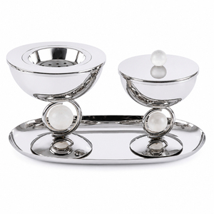 Ensemble Mabkhara en métal argenté moderne de luxe WHITE ROYALS avec accents en cristal, brûleur à bakhoor arabe en acier inoxydable, écologique et durable - Product Image 1