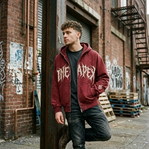 Sudadera con capucha y cremallera para hombre, color burdeos, con lavado ácido, estampado gráfico de estrellas, estilo oversize, ropa urbana, fabricante de ropa personalizada - Product Image 5