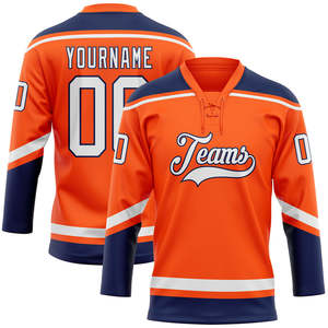 Camiseta de Hockey sobre Hielo Personalizada para Hombre, Naranja, Azul Marino y Blanco, Cuello en V, Manga Larga, Sublimada, Transpirable, con Nombre del Equipo y Capitán, para Adultos - Product Image 1