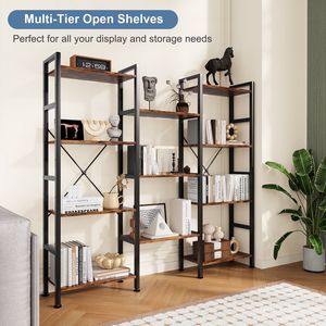 Étagère à livres triple à 4 niveaux avec 11 étagères ouvertes réglables, structure en acier robuste, bibliothèque pour la maison ou le bureau - Product Image 4