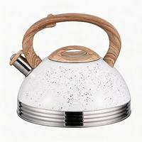 Bouilloire sifflante en acier inoxydable de qualité alimentaire, revêtement marbré, théière pour cuisinière, poignée anti-brûlure motif bois, bouilloire à eau 3L