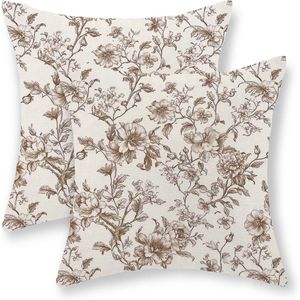 Set 2 Brown Cream Floral Chinoiserie <b>Throw</b> <b>Pillows</b> 16x16 Brown <b>Pillow</b> Covers Vintage Rustic Toile Flower Decorative <b>Pillows</b> - Product Image 4