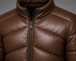 Blouson en cuir matelassé gaufré pour homme, style motard, fermeture éclair, coupe ajustée, pour l'hiver, avec logo frontal, chauffant - Product Image 5