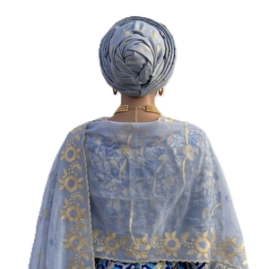 Hijab en voile de coton africain pour femmes, brodé de fleurs, orné de strass, bleu et jaune, léger, respirant, écharpe ethnique pour usage quotidien - Product Image 4