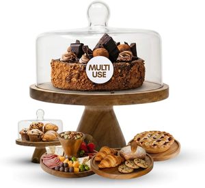 Support à gâteau en bois d'acacia avec couvercle en verre, support à gâteau réversible et planche de service conçus pour un usage quotidien, desserts, charcuterie - Product Image 1