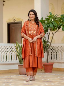 Conjunto Kurti Anarkali Naranja Más Vendido con Dupatta y Pantalones Rectos para Mujer, Cómodo para Reuniones Familiares - Product Image 2
