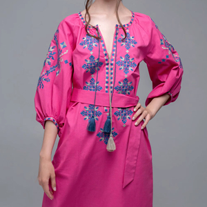 Vestido Bordado con Nuevo Diseño para Mujer, Estilo Boho, Algodón y Lino, Bordado en el Mejor Color, Cuello Redondo, Estilo Dulce, Encaje, Vestidos Ucranianos - Product Image 1