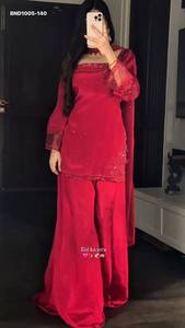 Designer Fancy Crepe Silk with <b>Beads</b>-Handwork & Embroidered Sequence Suit - Stone work Plazzo & Dupatta Indian Supplier - Product Image 2