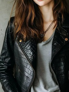 <b>Womens</b> Black Croc Embossed Genuine <b>Leather</b> Biker <b>Jacket</b> Slim Fit <b>Moto</b> <b>Jacket</b> Gold Hardware - Product Image 3