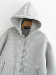 Sudadera con Capucha Unisex Extra Grande con Cierre, Color Gris Sólido, 100% Algodón Felpa, Transpirable, Informal, para Otoño, con Bolsillos - Product Image 3