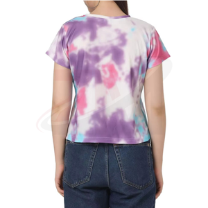 T-shirt court tie-dye pour femme, manches courtes, col rond, coupe classique, en coton tricoté, décontracté, printemps-été - Product Image 2