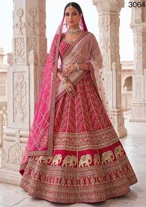 Women's Embroidered Empire Waist High Neckline Floor-Length <b>Lehenga</b> Choli Set Sweep Train 100% Silk Lace Fabric Wedding Dress - Product Image 1