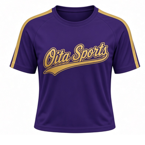Maillot de cheerleading violet et or à manches courtes, uniforme d'équipe sportive, vêtements de sport pour l'entraînement et la compétition des équipes de cheerleading - Product Image 1