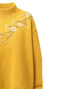 Sweat-shirt à col montant jaune moutarde pour femme, broderie, manches longues, décontracté, pull d'automne, coton doux/fibre de bambou, écologique - Product Image 2