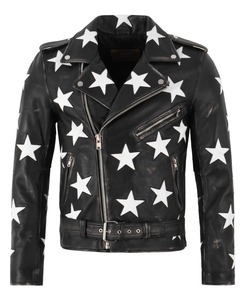 Veste de motard personnalisée en cuir Napa véritable noir à 100% avec étoiles blanches, veste en cuir ajustée de style moto vintage BRANDO pour hommes - Product Image 1