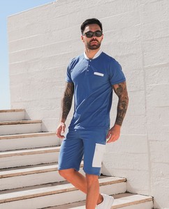 Blue Summer Casual Breathable Satin Men's Crew Neck <b>Knitted</b> Short <b>Set</b> Custom Brand - Product Image 3