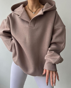 Sudaderas de Alta Calidad, Gruesas, de Forro Polar, Estampadas, de Invierno, Estilo Urbano, Tejidas, para Mujer, Cuello en V, Color Personalizado, de Algodón, Holgadas - Product Image 4