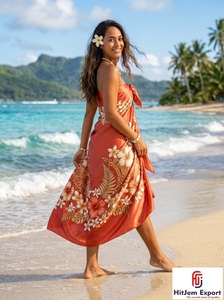 Paréo Sarong Personnalisé en Satin et Mousseline, Motif Floral Traditionnel à Pois, Tissé Léger 100% Rayonne, Cache-maillot de Plage, Tissu pour Hôtels et Resorts, OEM ODM - Product Image 3