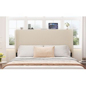Letto matrimoniale con piattaforma e stazione di ricarica, struttura in metallo, imbottito beige, nessuna rete a molle necessaria, facile da montare e silenzioso - Product Image 4