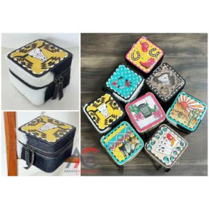 Boîte à bijoux portable artisanale pour femme, mignonne, mini, en cuir de vachette véritable, avec motif de taureau, fermeture éclair, étui de rangement pour bijoux - Product Image 1