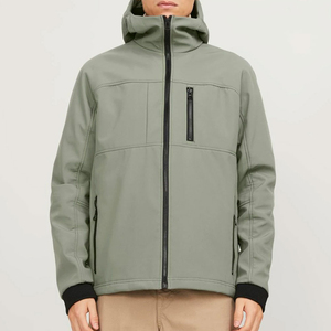 Veste softshell à capuche pour homme, couleur unie, fermeture éclair, coupe-vent, vêtements d'hiver décontractés, coupe régulière, vert olive - Product Image 1
